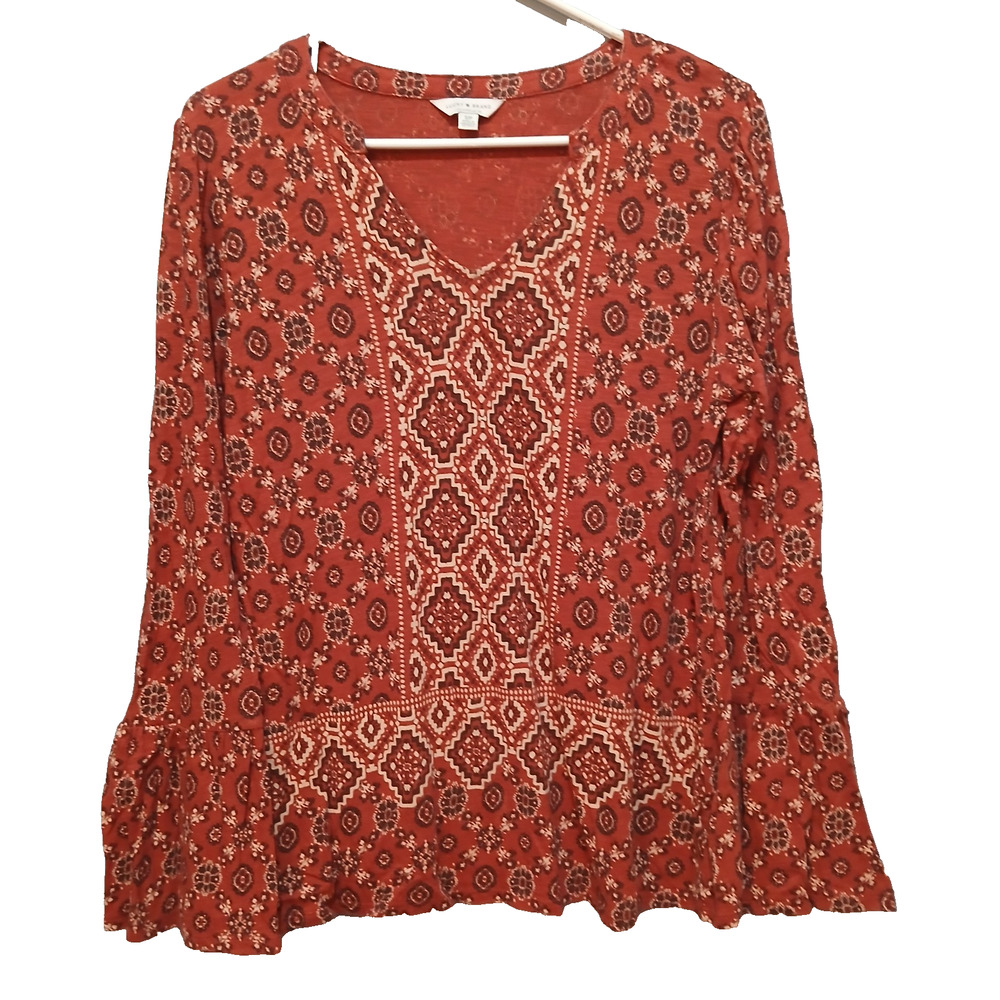 Lucky Brand Top Womens Sz S Small Rust Orange Fall Paisley Western Print Stripe